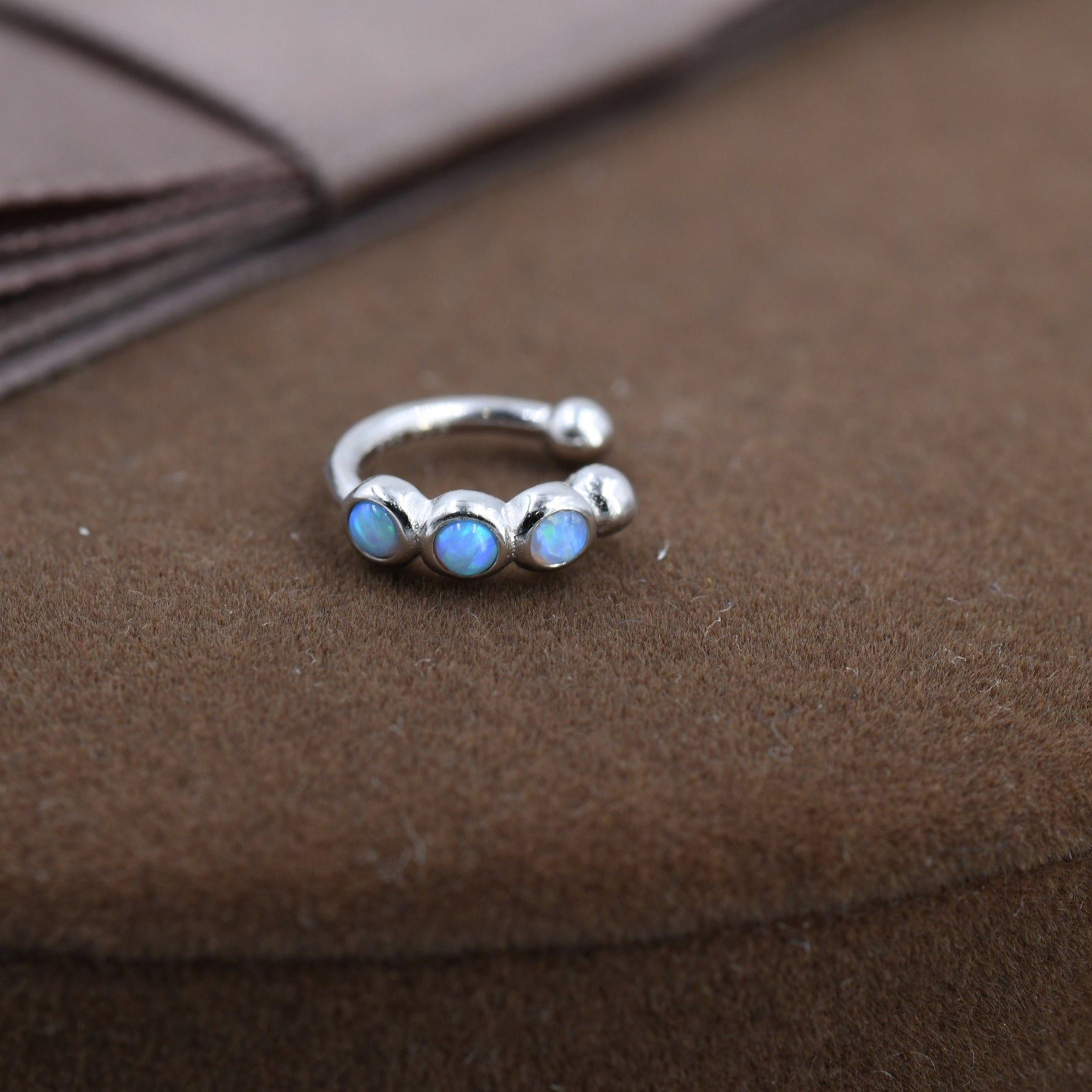 Blue Opal Ear Cuff in Sterling Silver, Silver or Gold, Simple Piercing Free Earrings, Minimalist Ear Cuff, Opal Ear Cuff