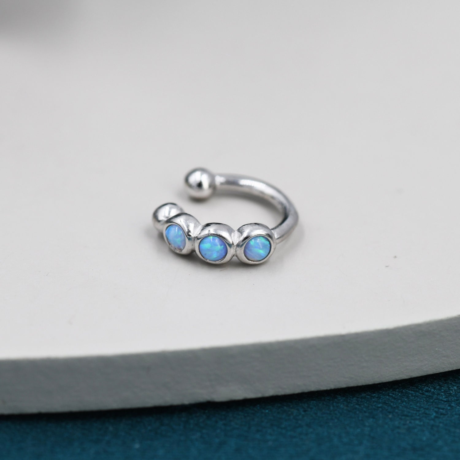 Blue Opal Ear Cuff in Sterling Silver, Silver or Gold, Simple Piercing Free Earrings, Minimalist Ear Cuff, Opal Ear Cuff