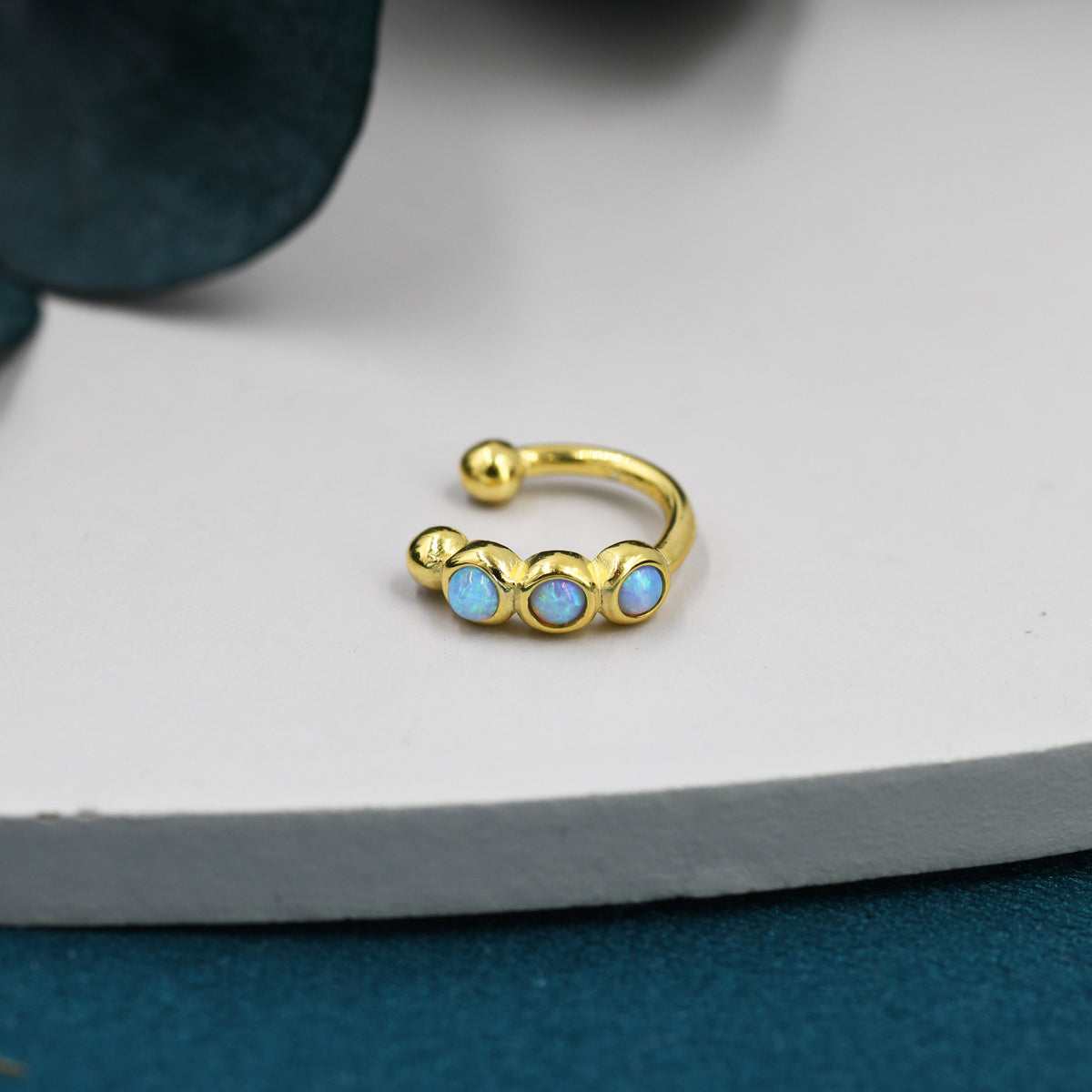Blue Opal Ear Cuff in Sterling Silver, Silver or Gold, Simple Piercing Free Earrings, Minimalist Ear Cuff, Opal Ear Cuff