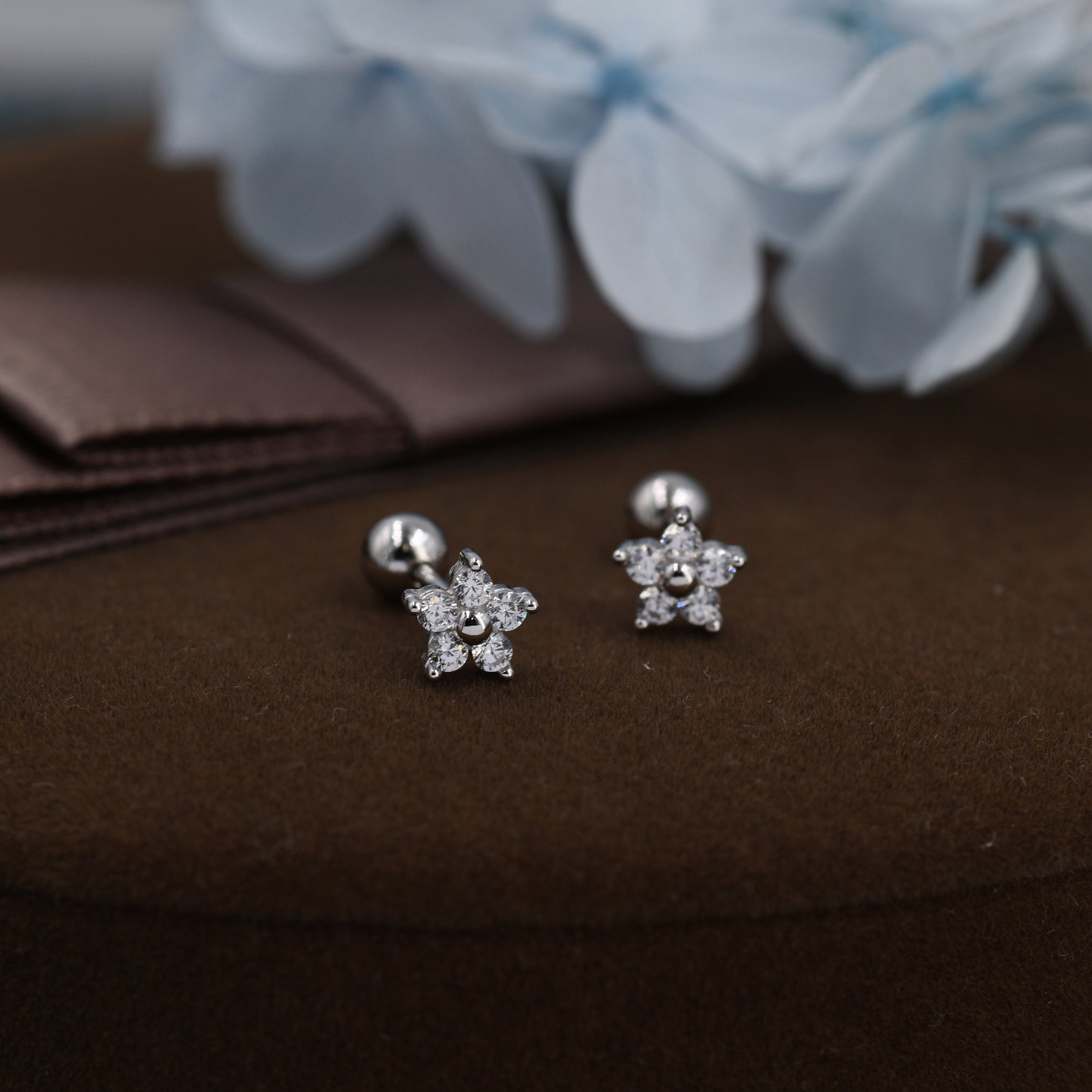 Tiny Flower CZ Screw Back Earrings in Sterling Silver, Forget Me Not Floral CZ Earrings, Silver, Gold and Rose Gold, Flower CZ Earrings