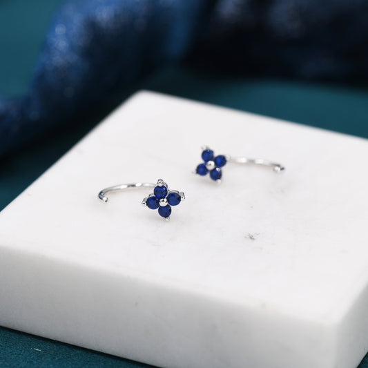 Sapphire Blue CZ Hydrangea Flower Huggie Hoop Earrings in Sterling Silver, Tiny Blue CZ Trio Open Hoops, Pull Through Threaders, Half Hoops