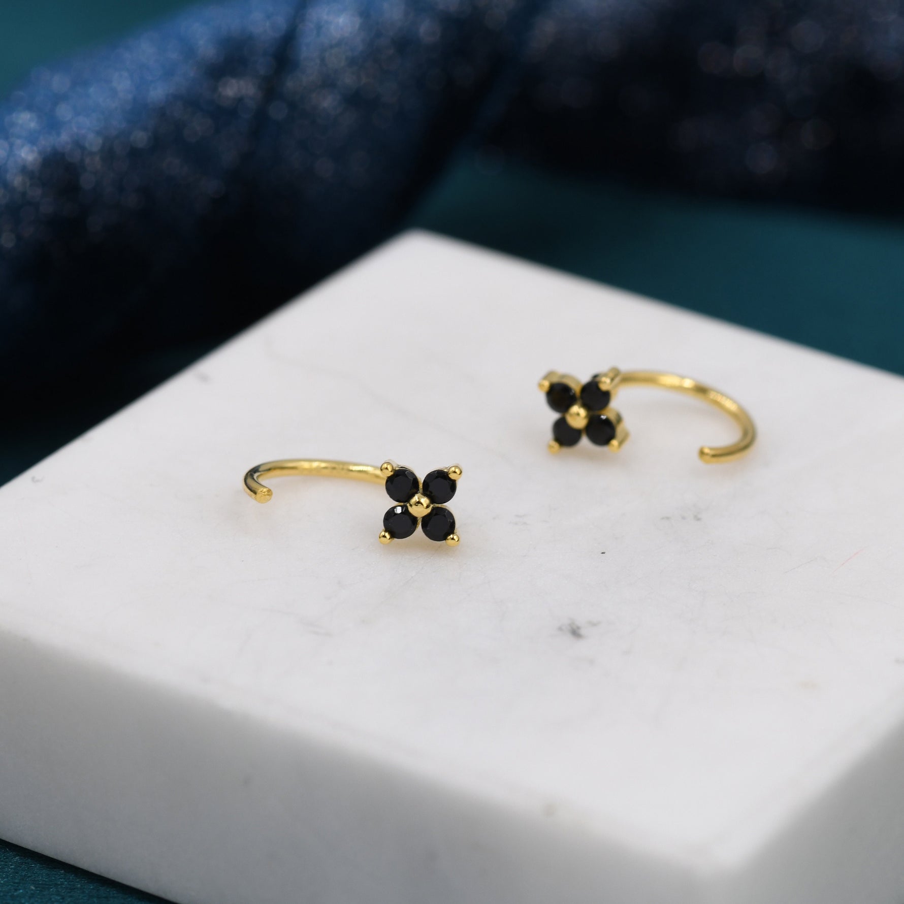 Black CZ Hydrangea Flower Huggie Hoop Earrings in Sterling Silver, Tiny Black CZ Trio Open Hoops, Pull Through Threaders, Half Hoops