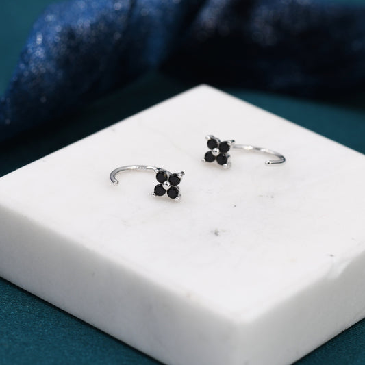 Black CZ Hydrangea Flower Huggie Hoop Earrings in Sterling Silver, Tiny Black CZ Trio Open Hoops, Pull Through Threaders, Half Hoops