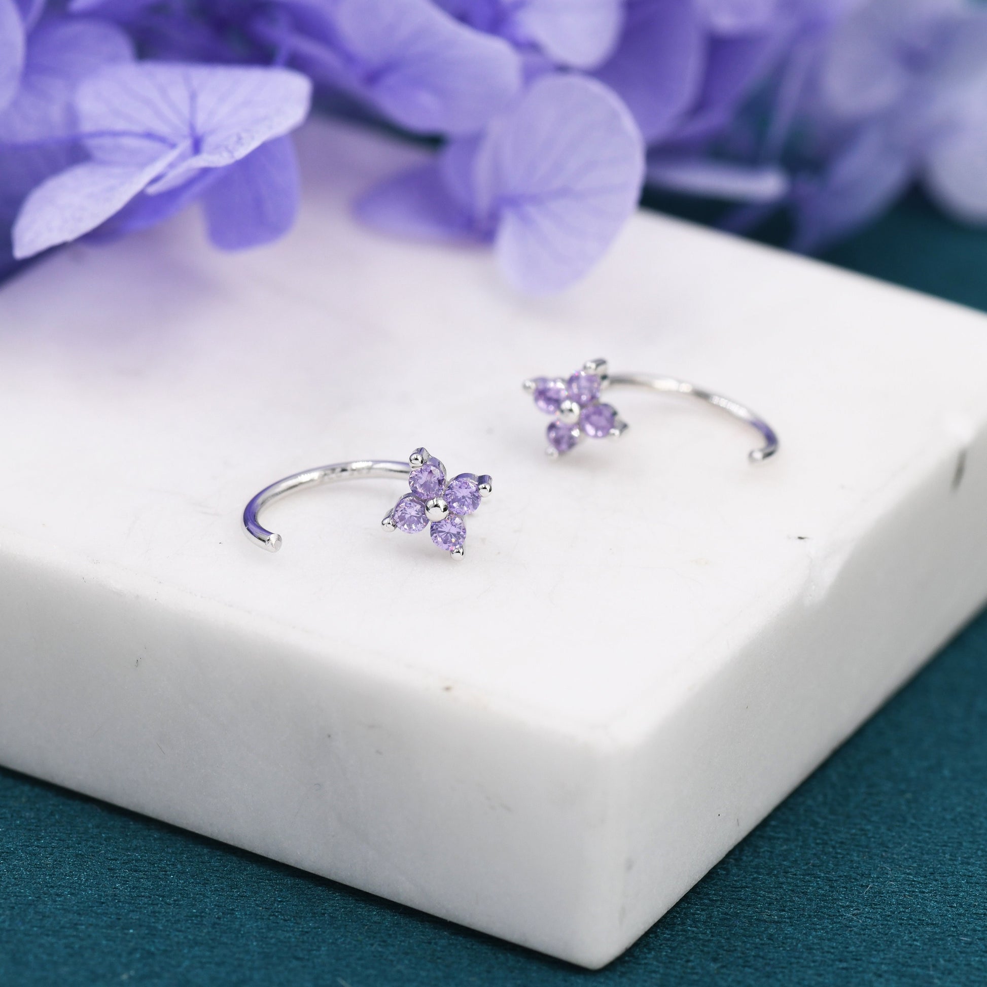 Amethyst Purple CZ Hydrangea Flower Huggie Hoop Earrings in Sterling Silver, Tiny CZ Trio Open Hoops, Pull Through Threaders, Half Hoops