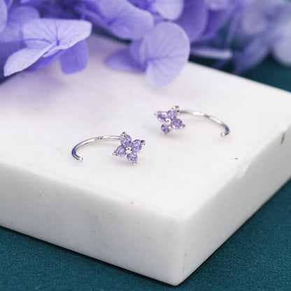 Amethyst Purple CZ Hydrangea Flower Huggie Hoop Earrings in Sterling Silver, Tiny CZ Trio Open Hoops, Pull Through Threaders, Half Hoops