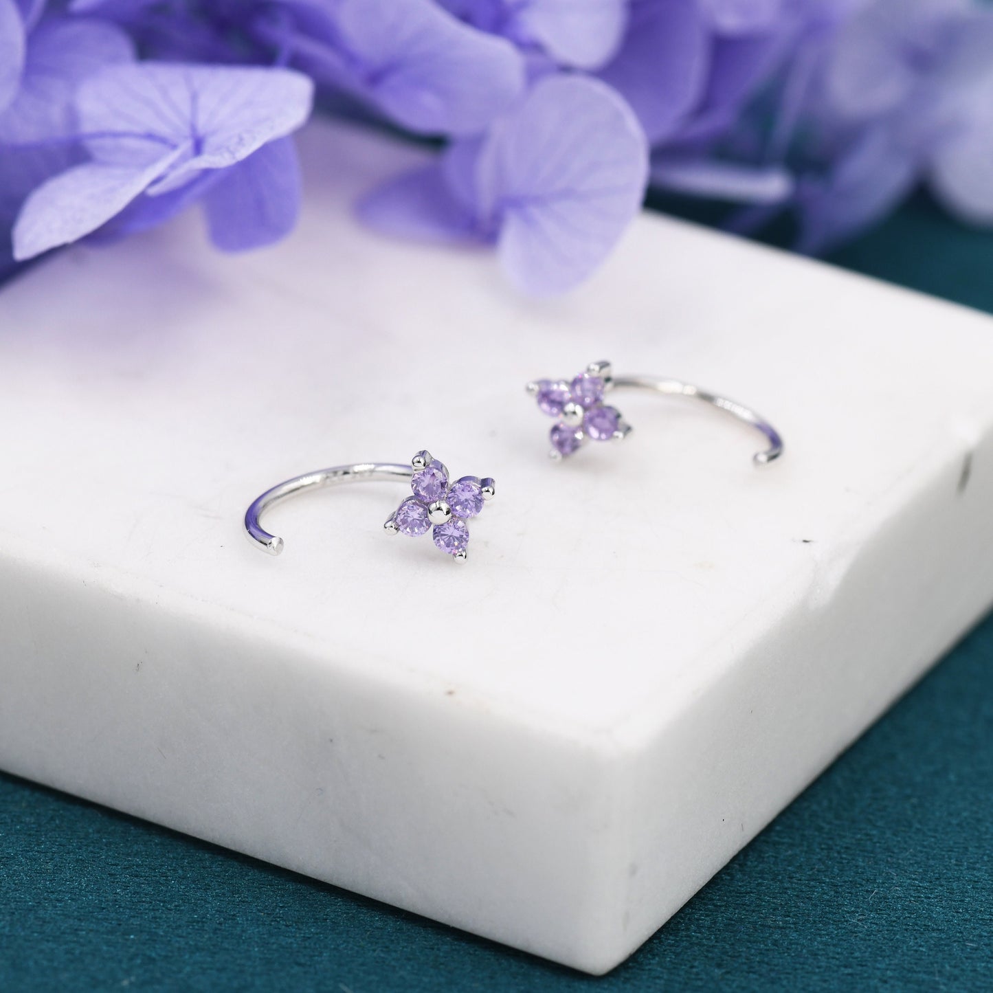 Amethyst Purple CZ Hydrangea Flower Huggie Hoop Earrings in Sterling Silver, Tiny CZ Trio Open Hoops, Pull Through Threaders, Half Hoops