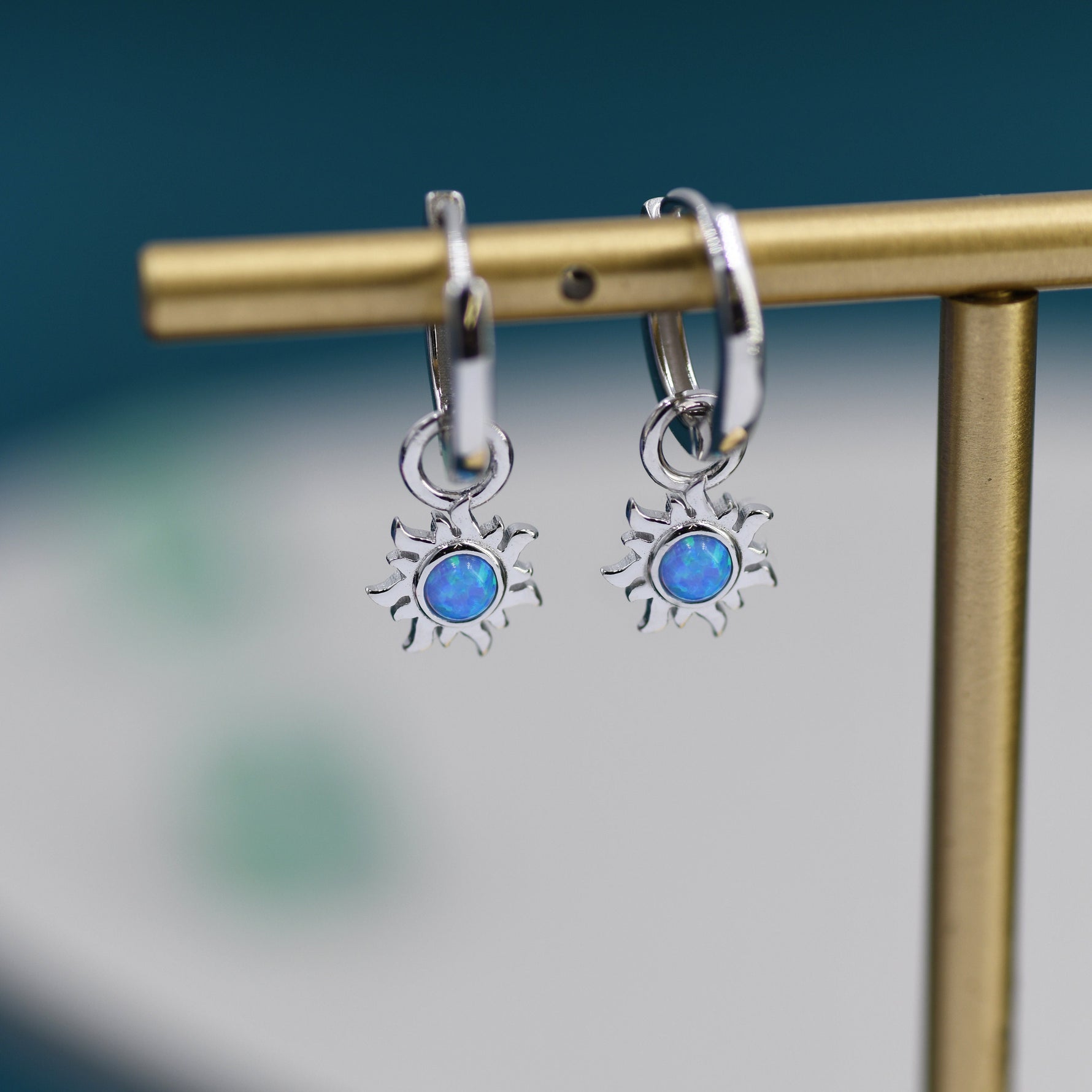 Blue Opal Sun Dangle Huggie Hoop Earrings in Sterling Silver, Silver or Gold, Sun Earrings, Celestial Earrings, Detachable Blue Opal Sun