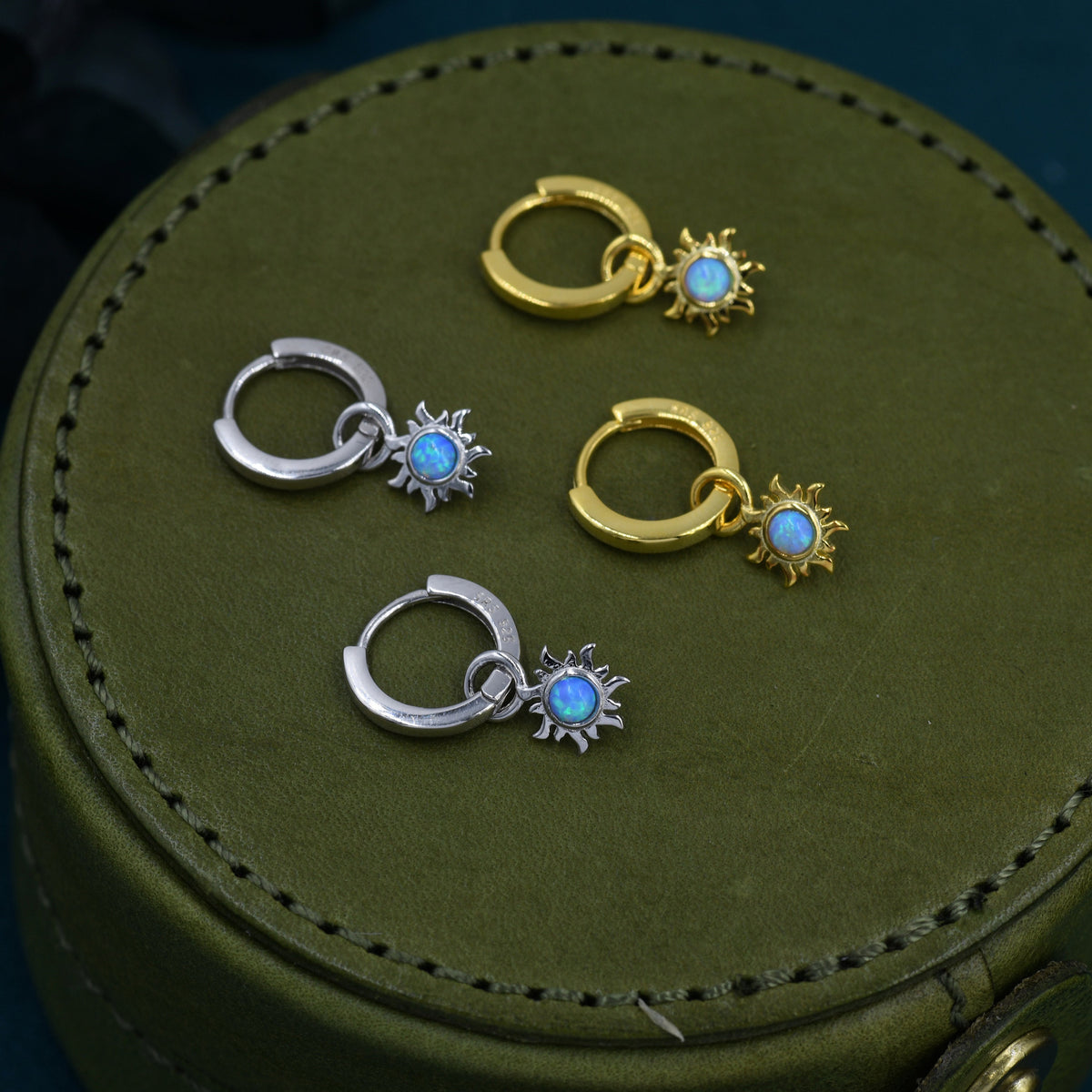 Blue Opal Sun Dangle Huggie Hoop Earrings in Sterling Silver, Silver or Gold, Sun Earrings, Celestial Earrings, Detachable Blue Opal Sun