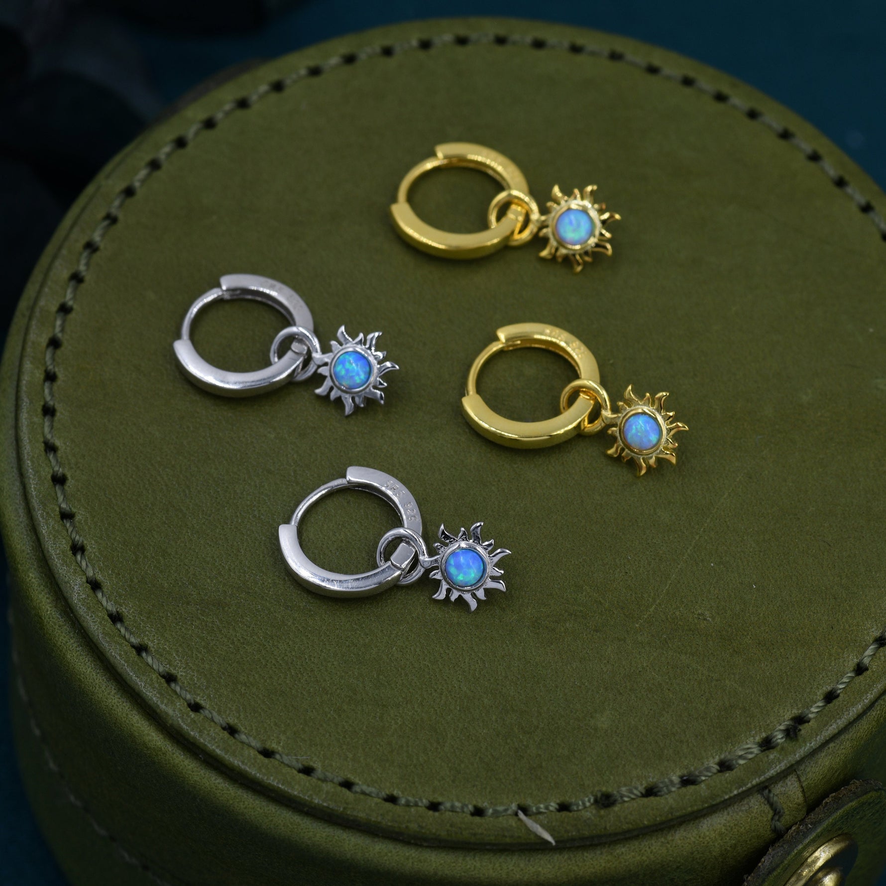 Blue Opal Sun Dangle Huggie Hoop Earrings in Sterling Silver, Silver or Gold, Sun Earrings, Celestial Earrings, Detachable Blue Opal Sun