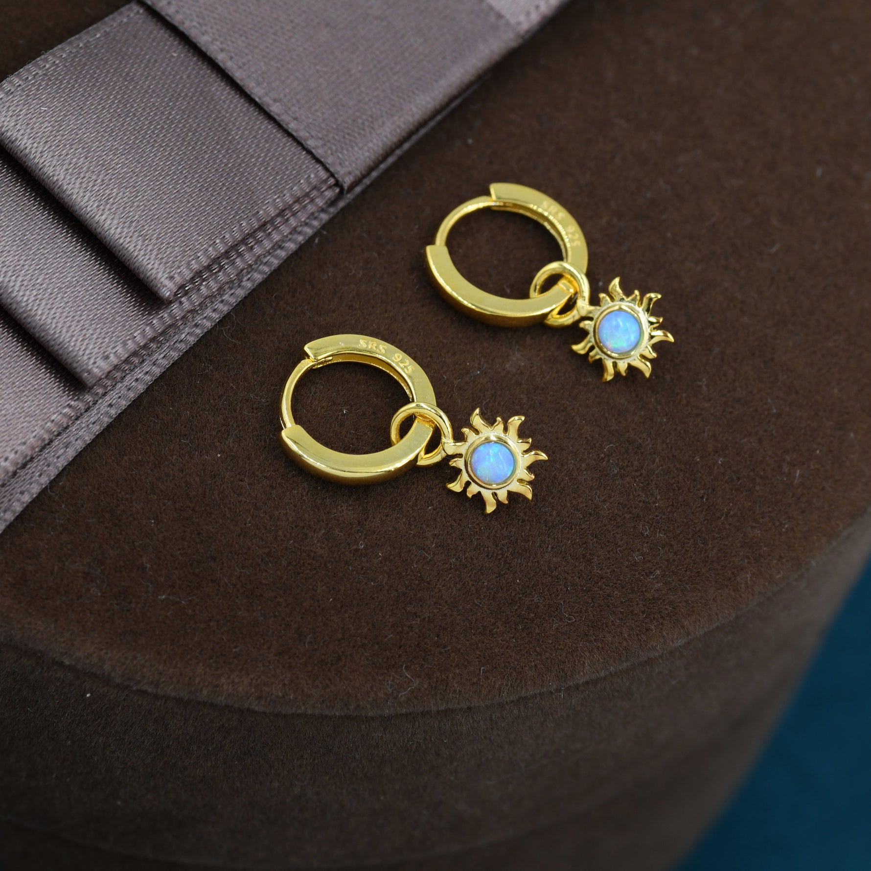 Blue Opal Sun Dangle Huggie Hoop Earrings in Sterling Silver, Silver or Gold, Sun Earrings, Celestial Earrings, Detachable Blue Opal Sun