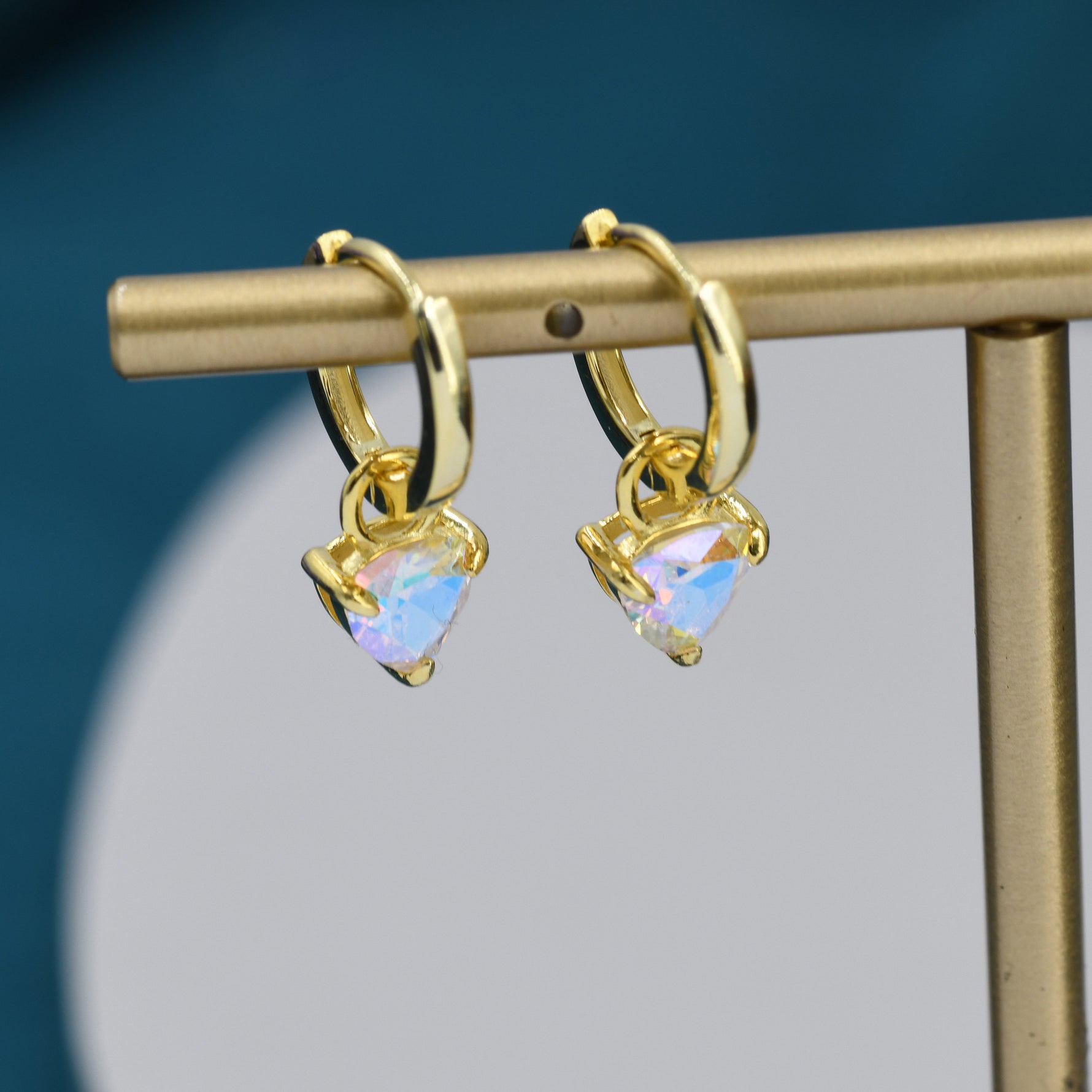 Sterling Silver Aurora AB CZ Trillion Cut Hoop Earrings, Silver or Gold, Triangle Dangle Hoop Earrings, Interchangeable Charm