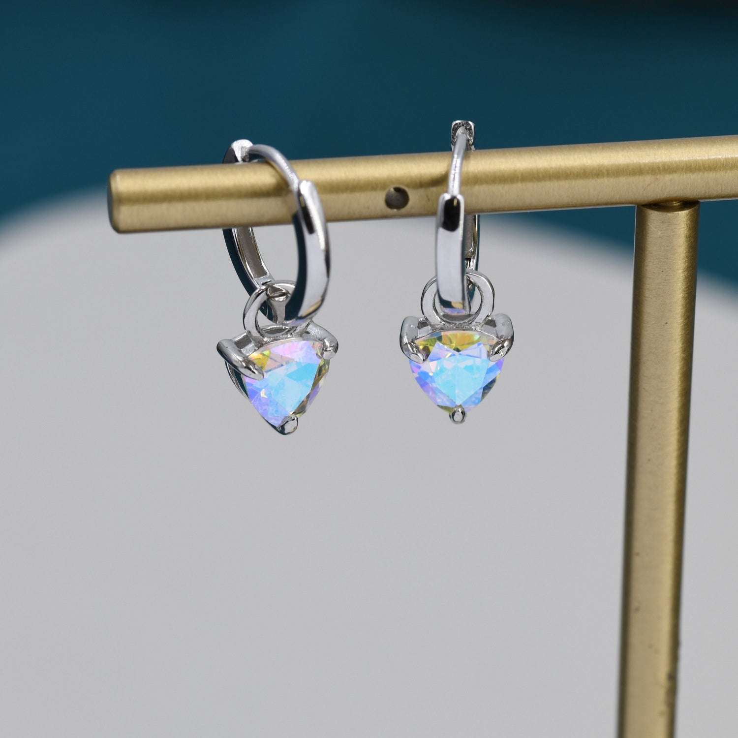 Sterling Silver Aurora AB CZ Trillion Cut Hoop Earrings, Silver or Gold, Triangle Dangle Hoop Earrings, Interchangeable Charm