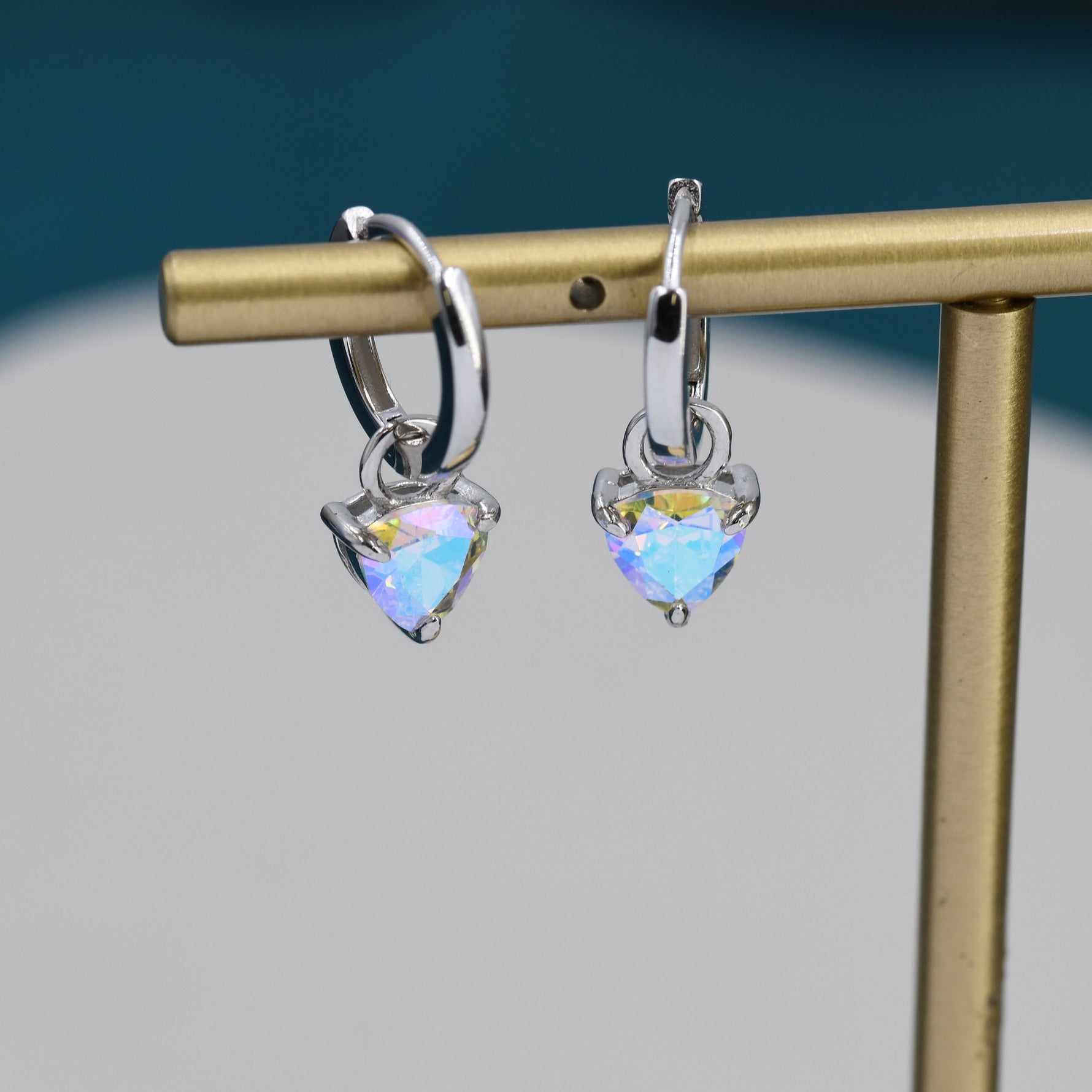 Sterling Silver Aurora AB CZ Trillion Cut Hoop Earrings, Silver or Gold, Triangle Dangle Hoop Earrings, Interchangeable Charm