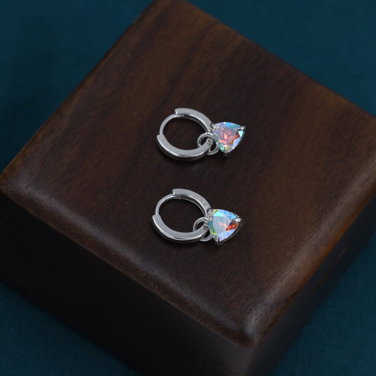 Sterling Silver Aurora AB CZ Trillion Cut Hoop Earrings, Silver or Gold, Triangle Dangle Hoop Earrings, Interchangeable Charm