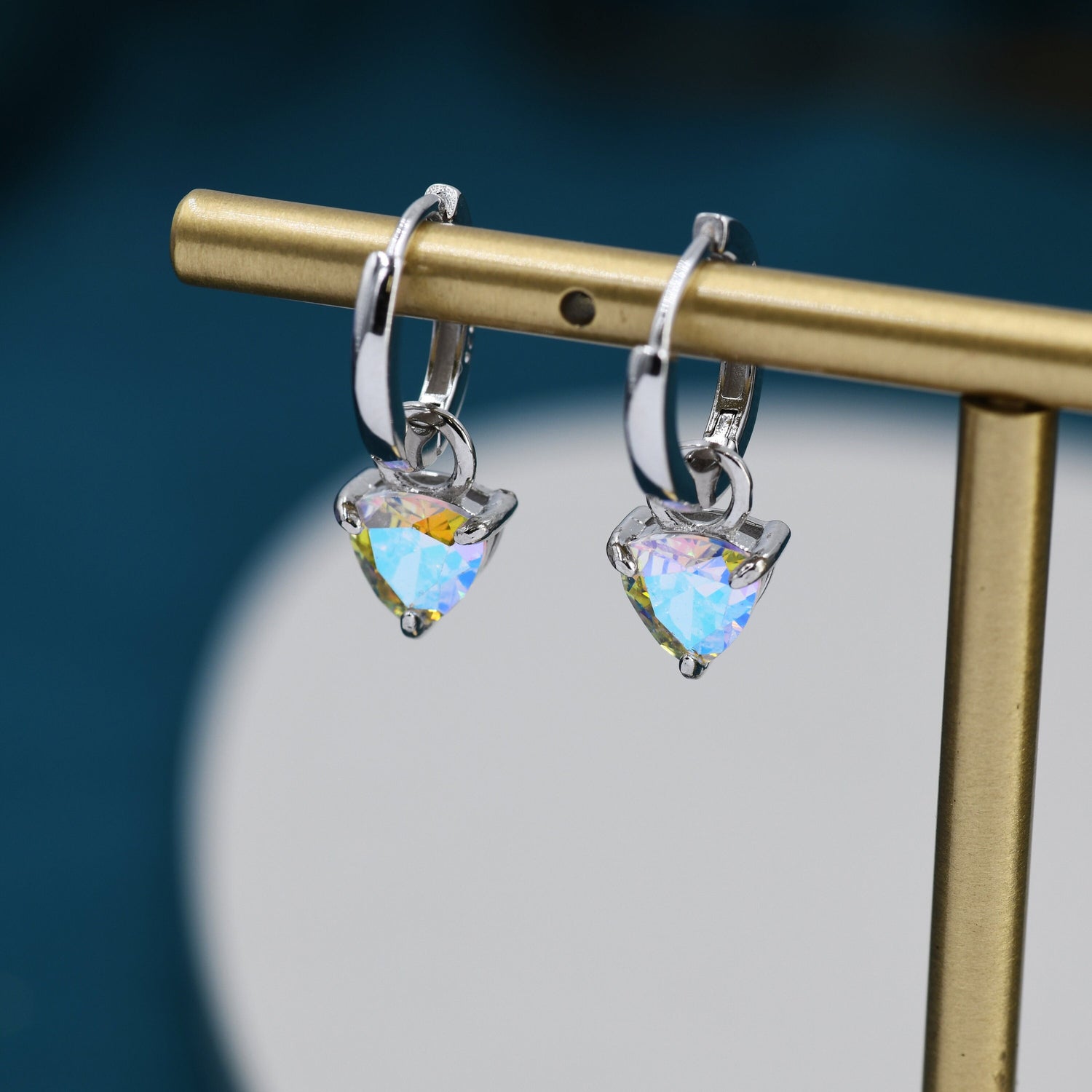 Sterling Silver Aurora AB CZ Trillion Cut Hoop Earrings, Silver or Gold, Triangle Dangle Hoop Earrings, Interchangeable Charm