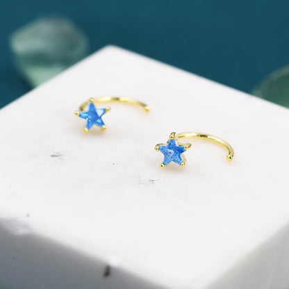 Aquamarine Blue CZ Star Huggie Hoop Earrings in Sterling Silver, Tiny Blue Star CZ Trio Open Hoops, Pull Through Threaders, Half Hoops