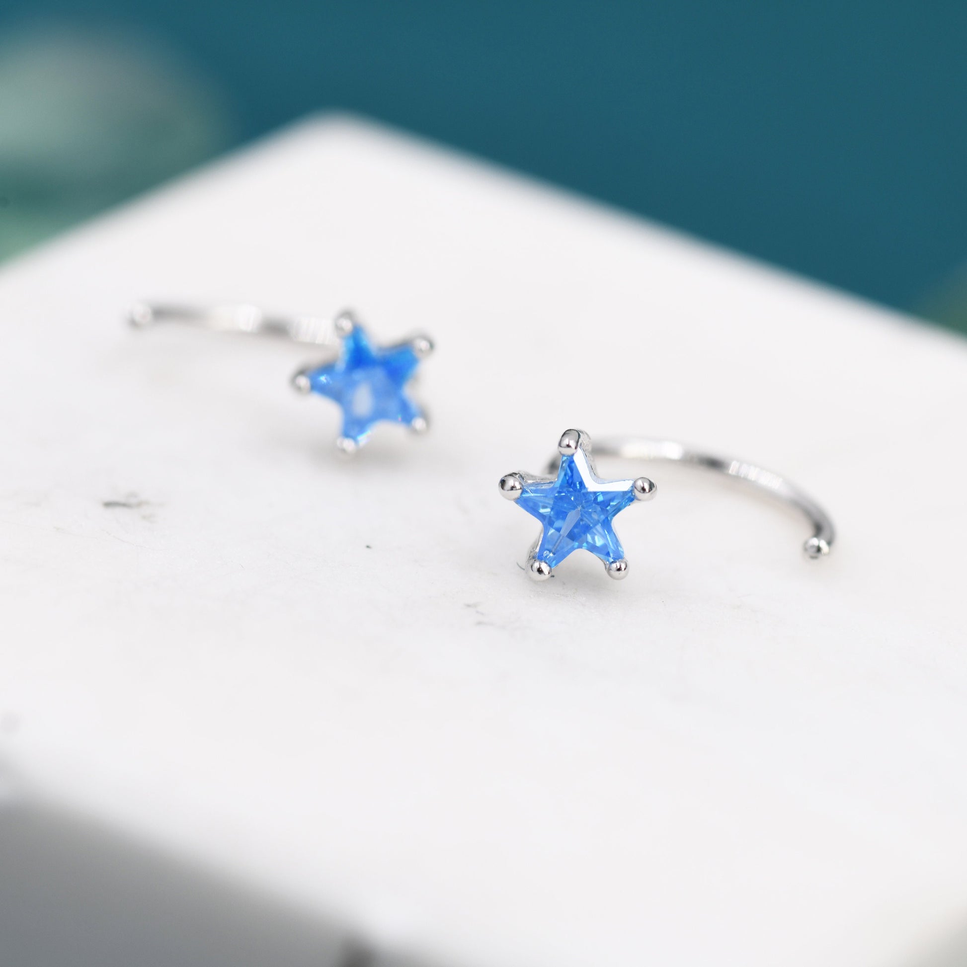 Aquamarine Blue CZ Star Huggie Hoop Earrings in Sterling Silver, Tiny Blue Star CZ Trio Open Hoops, Pull Through Threaders, Half Hoops