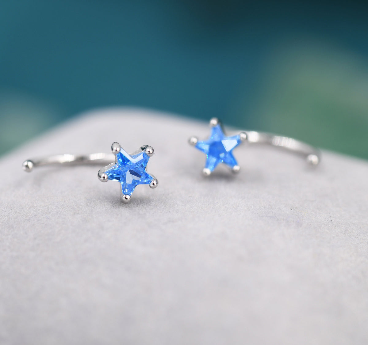 Aquamarine Blue CZ Star Huggie Hoop Earrings in Sterling Silver, Tiny Blue Star CZ Trio Open Hoops, Pull Through Threaders, Half Hoops