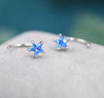 Aquamarine Blue CZ Star Huggie Hoop Earrings in Sterling Silver, Tiny Blue Star CZ Trio Open Hoops, Pull Through Threaders, Half Hoops