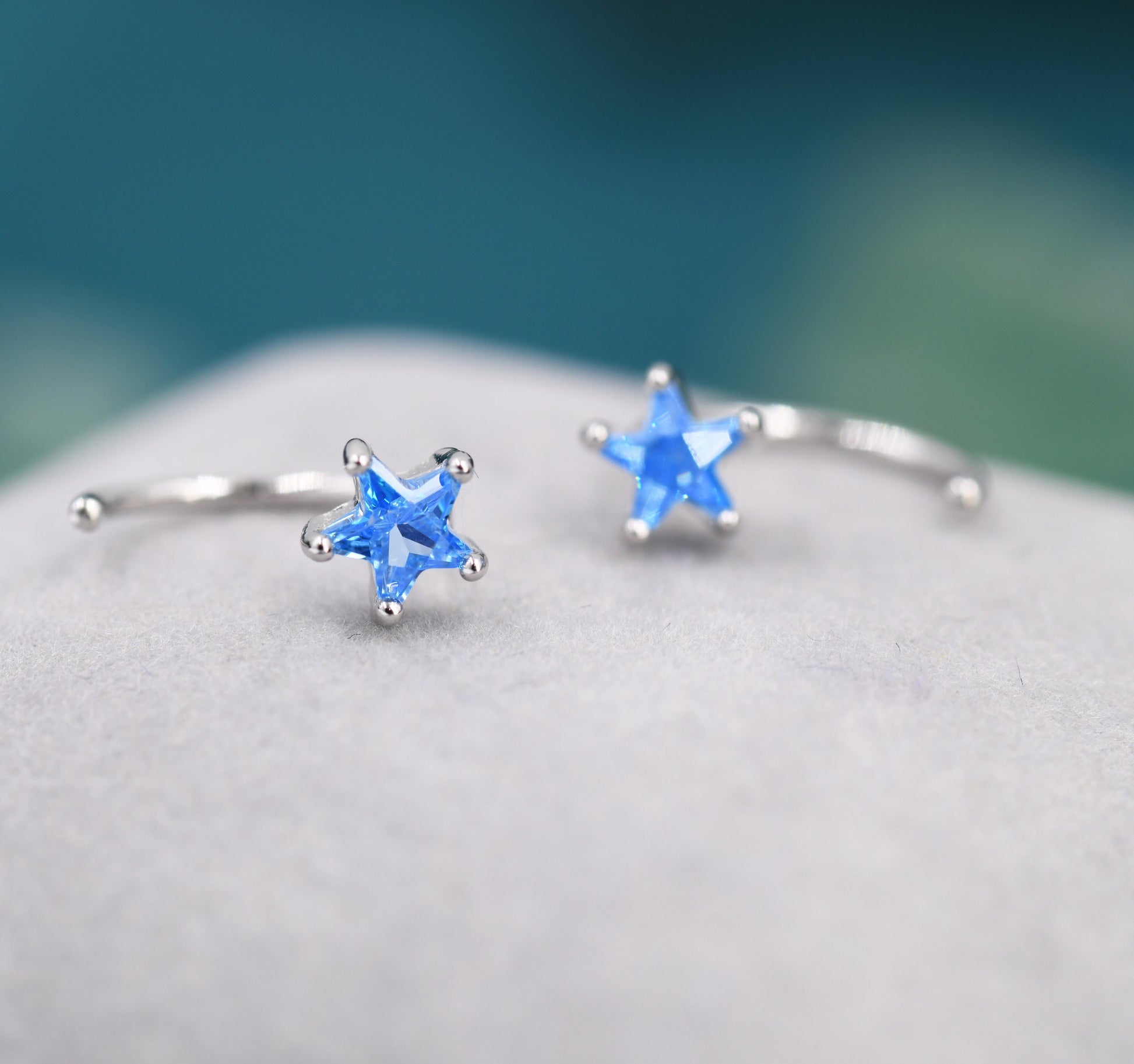 Aquamarine Blue CZ Star Huggie Hoop Earrings in Sterling Silver, Tiny Blue Star CZ Trio Open Hoops, Pull Through Threaders, Half Hoops