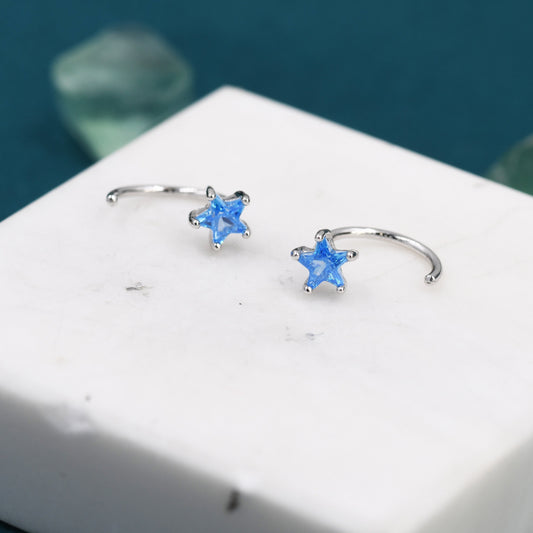 Aquamarine Blue CZ Star Huggie Hoop Earrings in Sterling Silver, Tiny Blue Star CZ Trio Open Hoops, Pull Through Threaders, Half Hoops