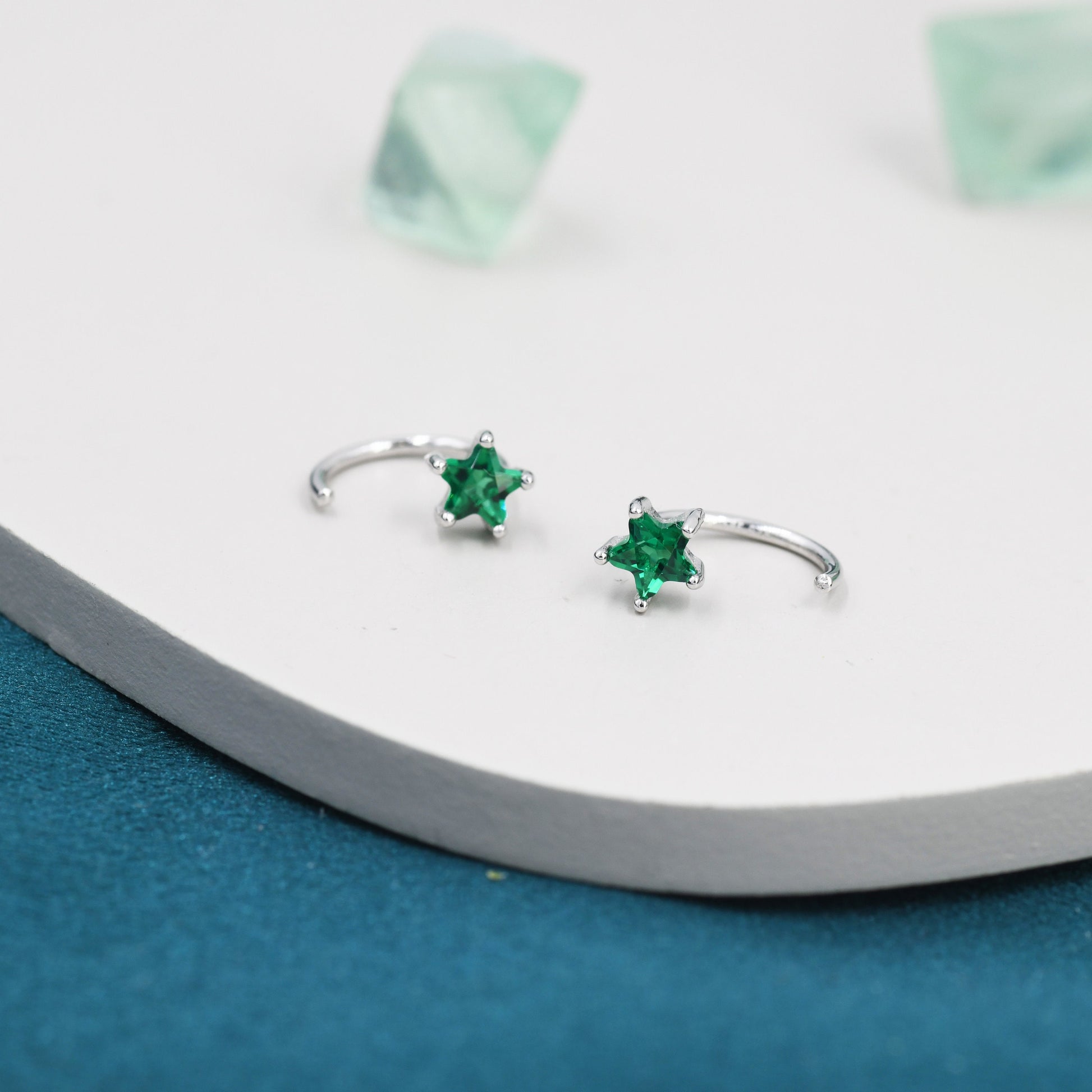 Emerald Green CZ Star Huggie Hoop Earrings in Sterling Silver, Tiny Green Star CZ Trio Open Hoops, Pull Through Threaders, Half Hoops