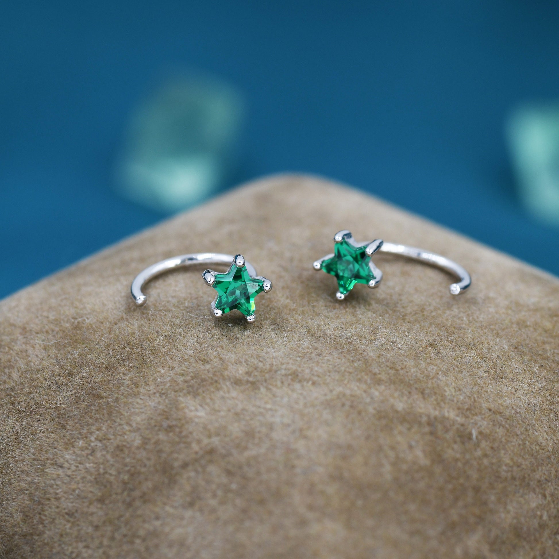 Emerald Green CZ Star Huggie Hoop Earrings in Sterling Silver, Tiny Green Star CZ Trio Open Hoops, Pull Through Threaders, Half Hoops
