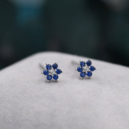 Very Tiny Sapphire Blue CZ Flower Stud Earrings in Sterling Silver, Silver or Gold, Crystal Flower Earrings, Stacking Earrings