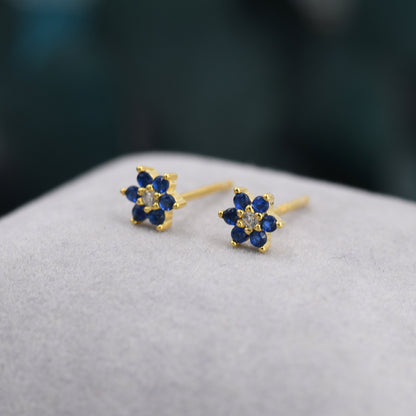 Very Tiny Sapphire Blue CZ Flower Stud Earrings in Sterling Silver, Silver or Gold, Crystal Flower Earrings, Stacking Earrings