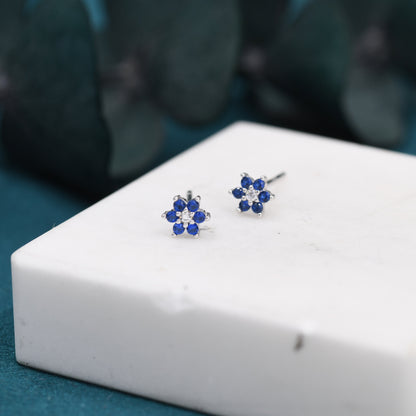 Very Tiny Sapphire Blue CZ Flower Stud Earrings in Sterling Silver, Silver or Gold, Crystal Flower Earrings, Stacking Earrings