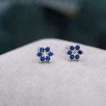 Very Tiny Sapphire Blue CZ Flower Screw Back/ Stud Earrings in Sterling Silver, Silver or Gold, Crystal Flower Earrings, Stacking Earrings