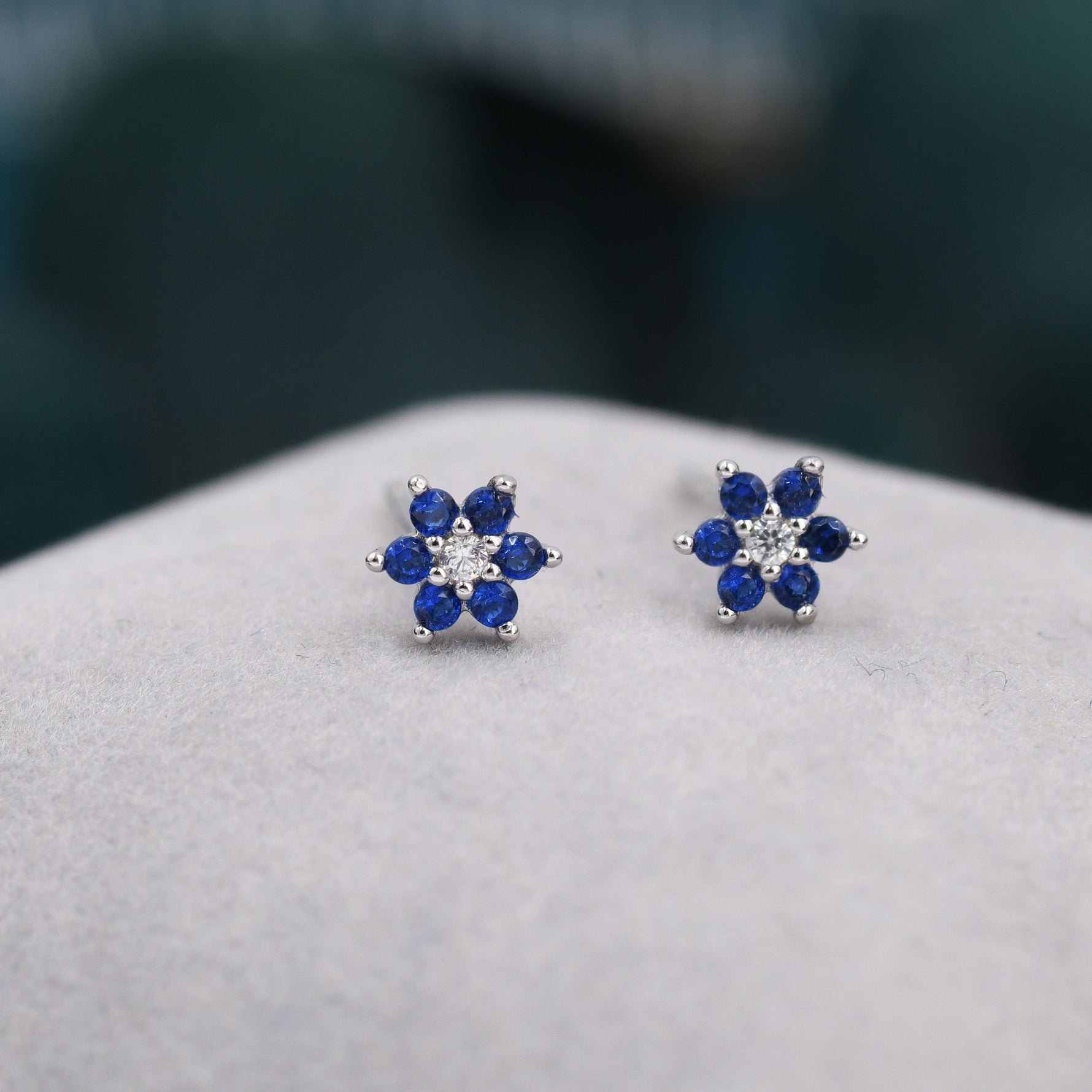 Very Tiny Sapphire Blue CZ Flower Screw Back/ Stud Earrings in Sterling Silver, Silver or Gold, Crystal Flower Earrings, Stacking Earrings