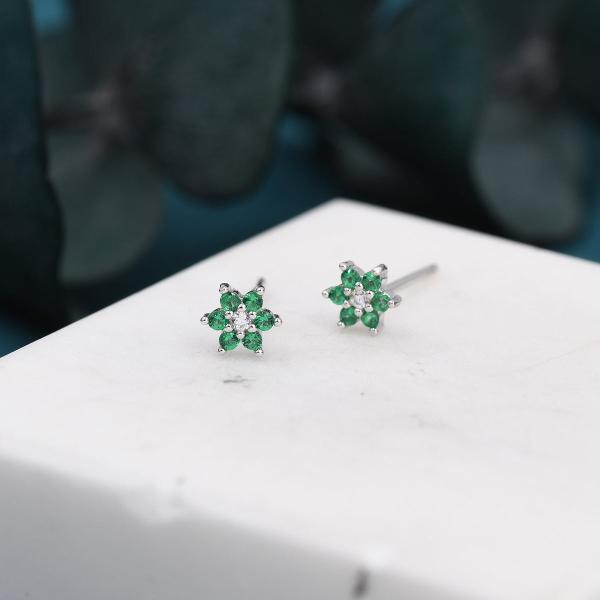 Very Tiny Emerald Green CZ Flower Stud Earrings in Sterling Silver, Silver or Gold, Crystal Flower Earrings, Stacking Earrings