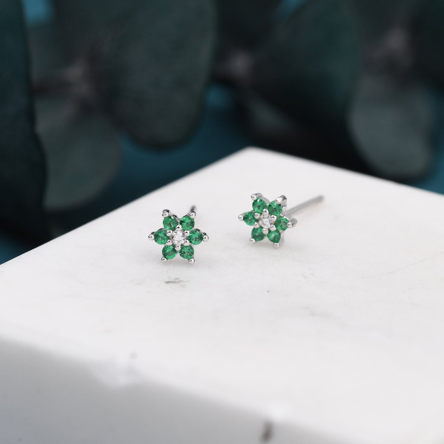 Very Tiny Emerald Green CZ Flower Stud Earrings in Sterling Silver, Silver or Gold, Crystal Flower Earrings, Stacking Earrings