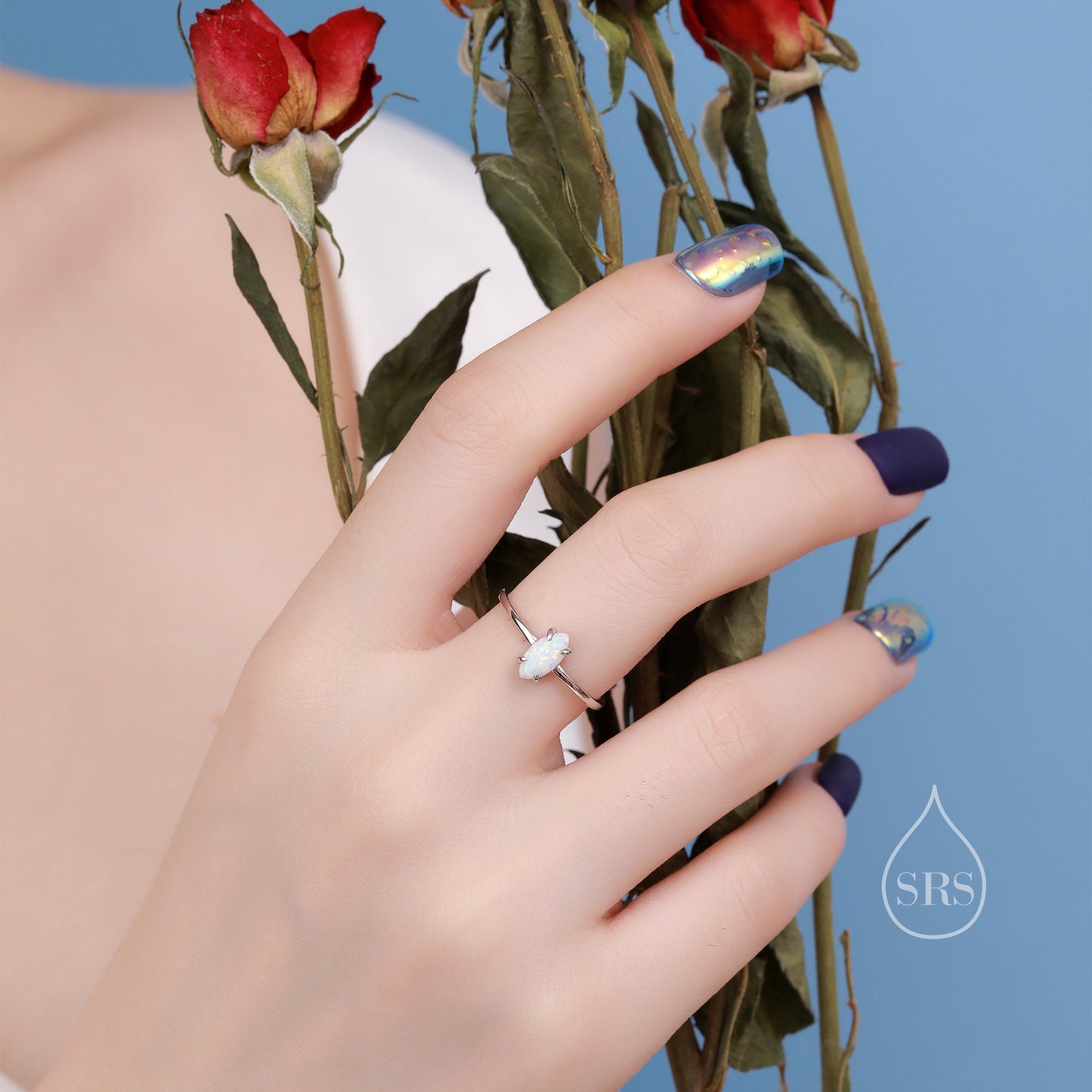 Fire Opal Marquise Ring in Sterling Silver, US 5 - 8, Single Opal Marquise Ring, Silver Opal Ring, Lab Opal Stone Ring, White Opal Ring