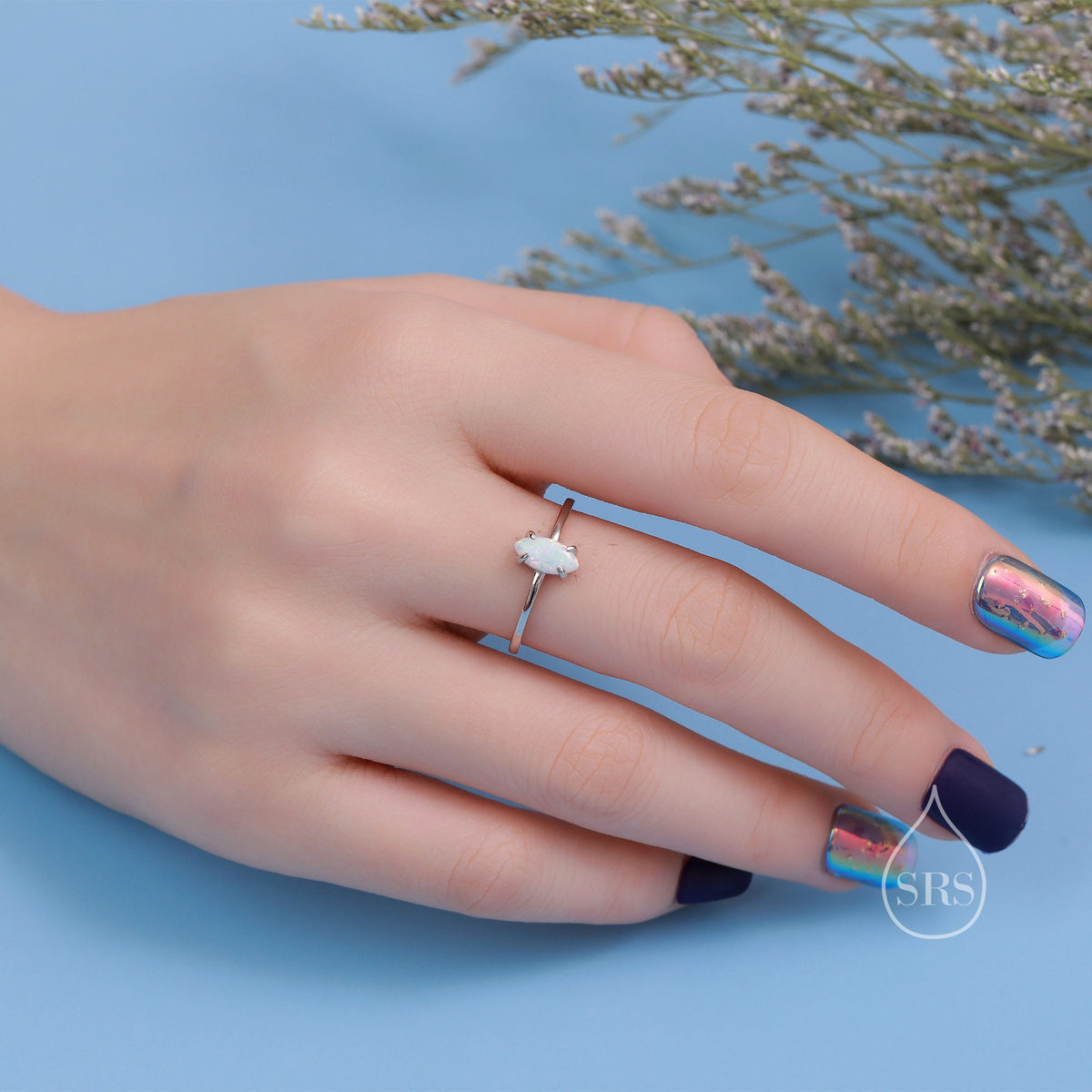 Fire Opal Marquise Ring in Sterling Silver, US 5 - 8, Single Opal Marquise Ring, Silver Opal Ring, Lab Opal Stone Ring, White Opal Ring