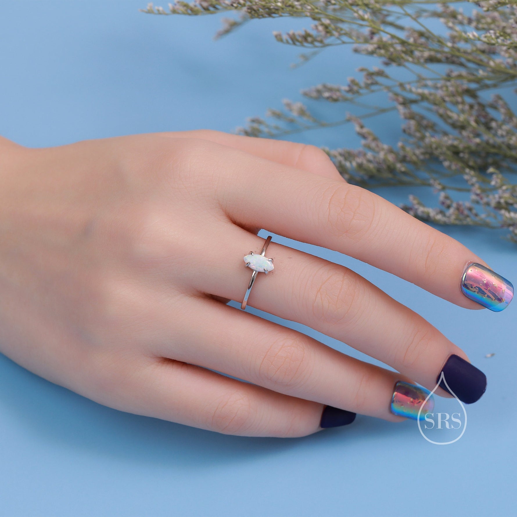 Fire Opal Marquise Ring in Sterling Silver, US 5 - 8, Single Opal Marquise Ring, Silver Opal Ring, Lab Opal Stone Ring, White Opal Ring