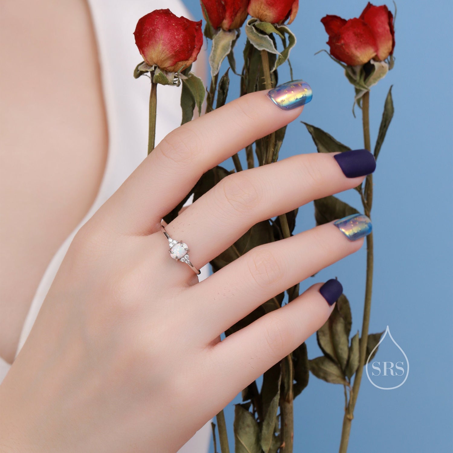 Vintage White Opal Oval Halo Ring with CZ Accents