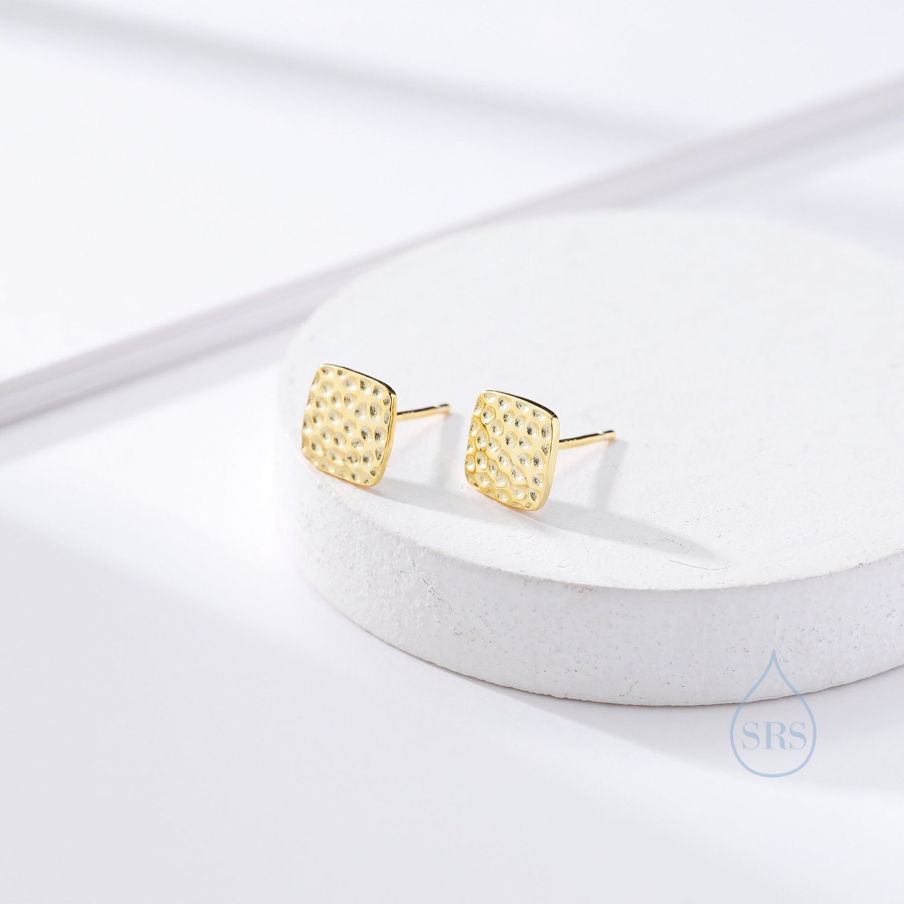 Hammered Square Stud Earrings in Sterling Silver, Silver or Gold or Rose Gold, Square Earrings, Fun and Quirky Jewellery