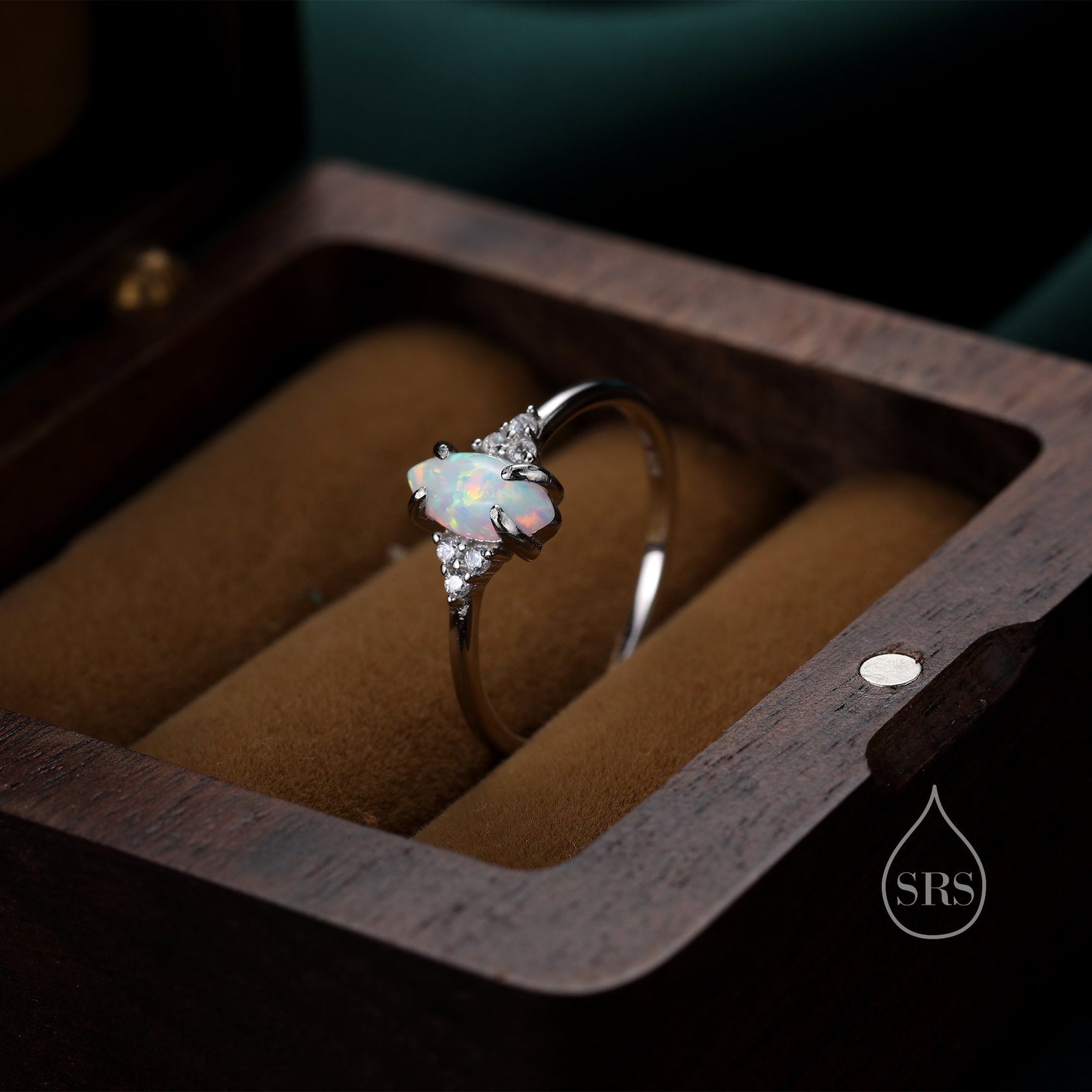 White Opal Marquise and CZ Ring in Sterling Silver, US 5 - 8, Vintage Inspired, 4x8mm, Lab Opal Stone Ring, Fire Opal Ring
