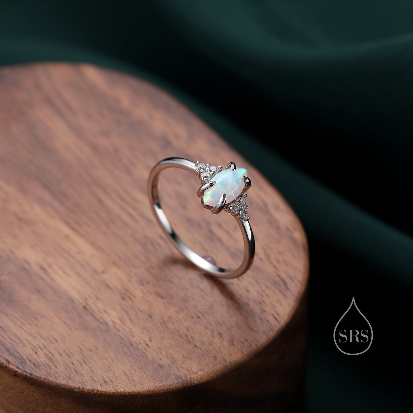 White Opal Marquise and CZ Ring in Sterling Silver, US 5 - 8, Vintage Inspired, 4x8mm, Lab Opal Stone Ring, Fire Opal Ring