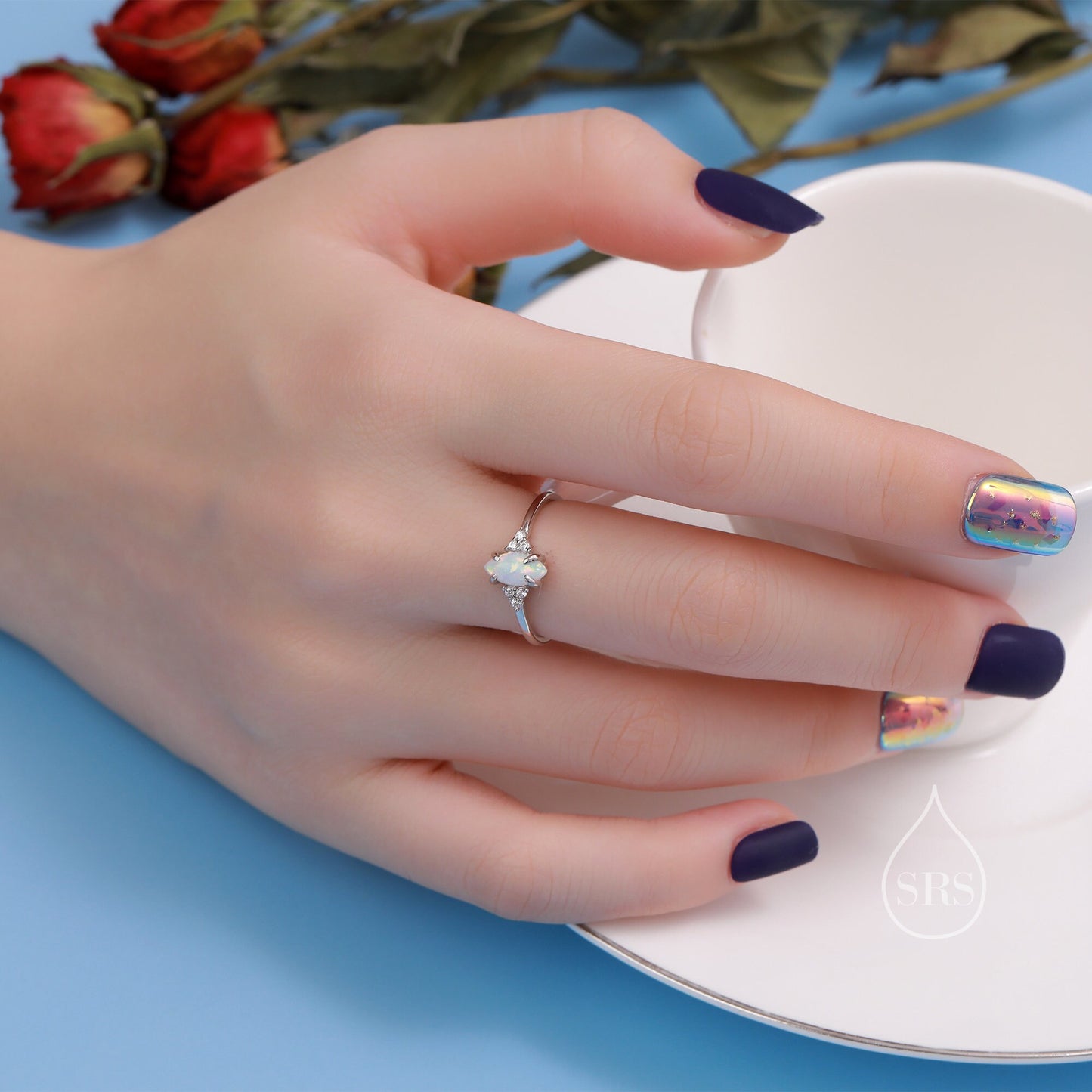 White Opal Marquise and CZ Ring in Sterling Silver, US 5 - 8, Vintage Inspired, 4x8mm, Lab Opal Stone Ring, Fire Opal Ring