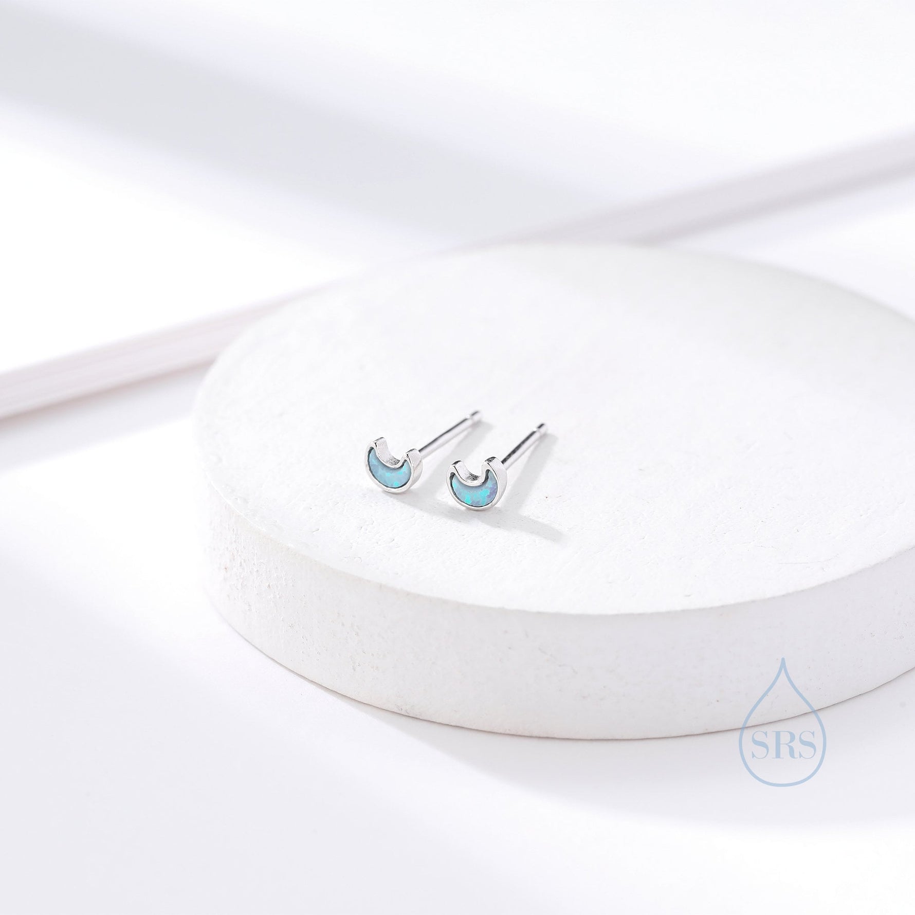 Extra Tiny Opal Moon Stud Earrings in Sterling Silver - Blue Opal or White Opal - Gold or Silver - New Moon Earrings - Petite Stud Earrings