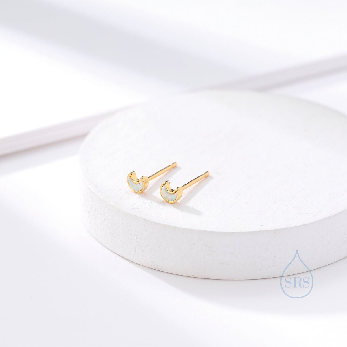 Extra Tiny Opal Moon Stud Earrings in Sterling Silver - Blue Opal or White Opal - Gold or Silver - New Moon Earrings - Petite Stud Earrings