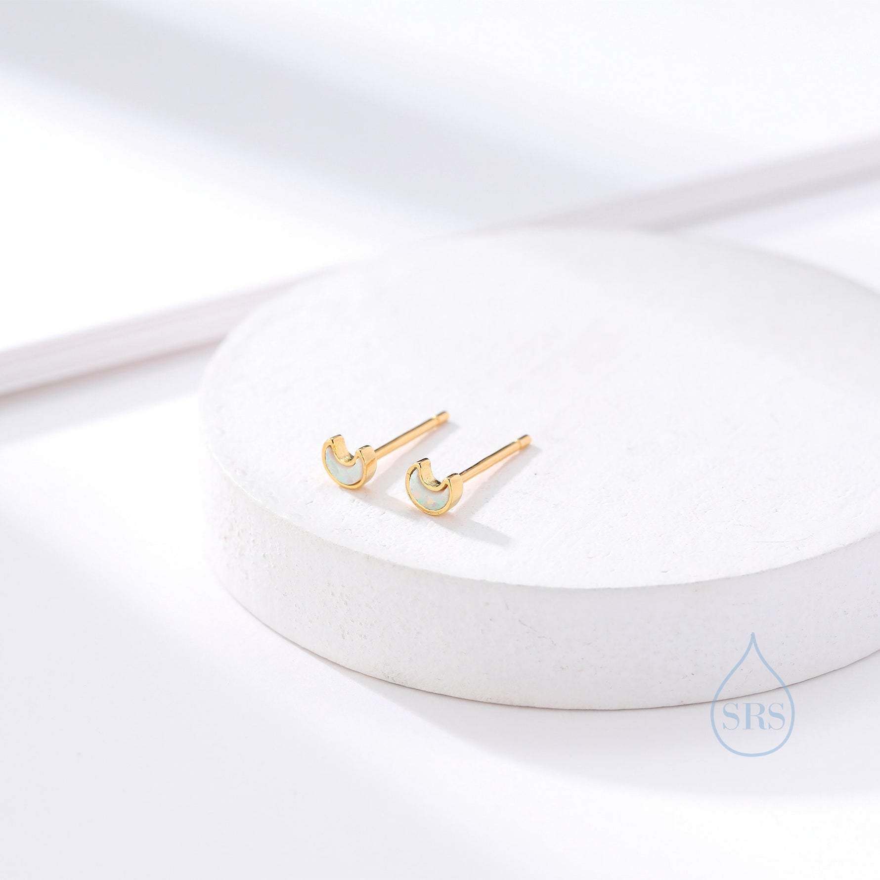 Extra Tiny Opal Moon Stud Earrings in Sterling Silver - Blue Opal or White Opal - Gold or Silver - New Moon Earrings - Petite Stud Earrings
