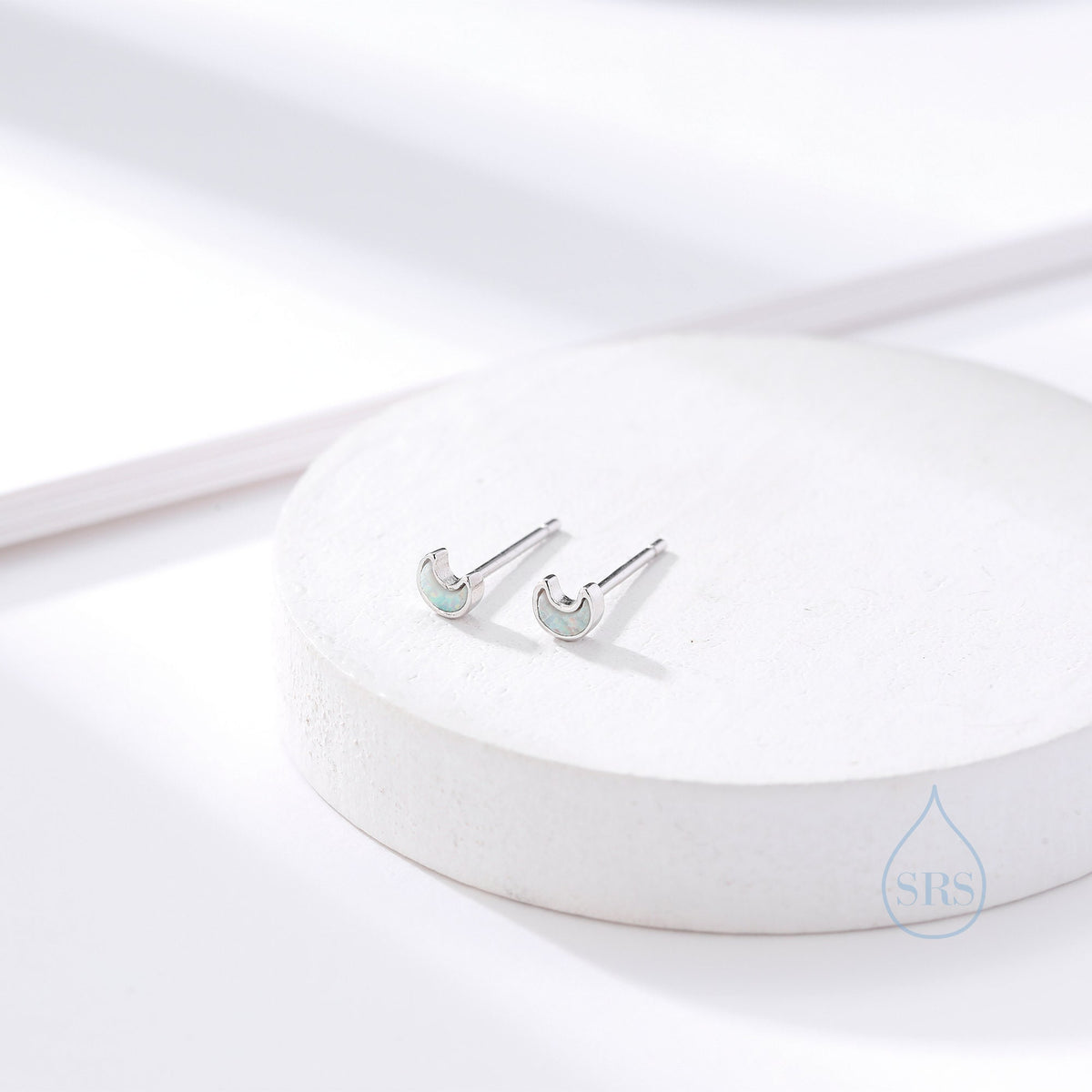Extra Tiny Opal Moon Stud Earrings in Sterling Silver - Blue Opal or White Opal - Gold or Silver - New Moon Earrings - Petite Stud Earrings