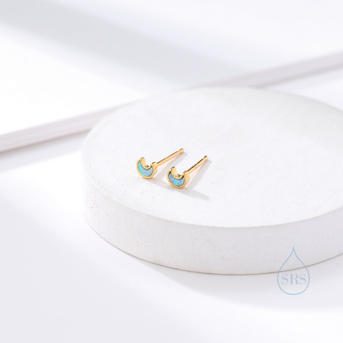 Extra Tiny Opal Moon Stud Earrings in Sterling Silver - Blue Opal or White Opal - Gold or Silver - New Moon Earrings - Petite Stud Earrings