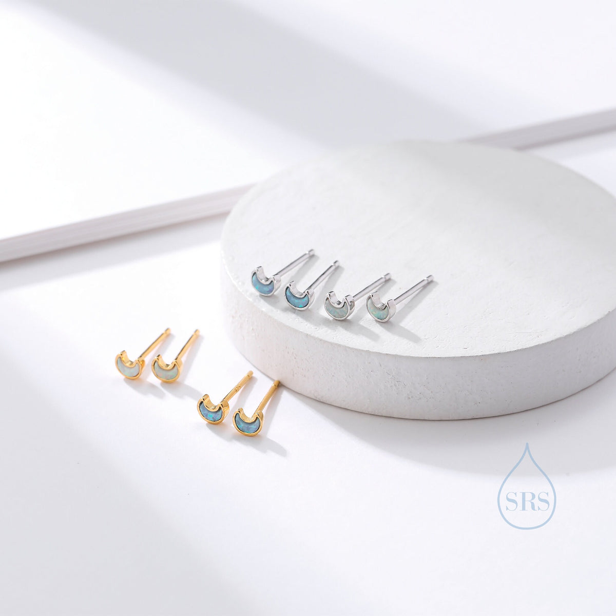 Extra Tiny Opal Moon Stud Earrings in Sterling Silver - Blue Opal or White Opal - Gold or Silver - New Moon Earrings - Petite Stud Earrings