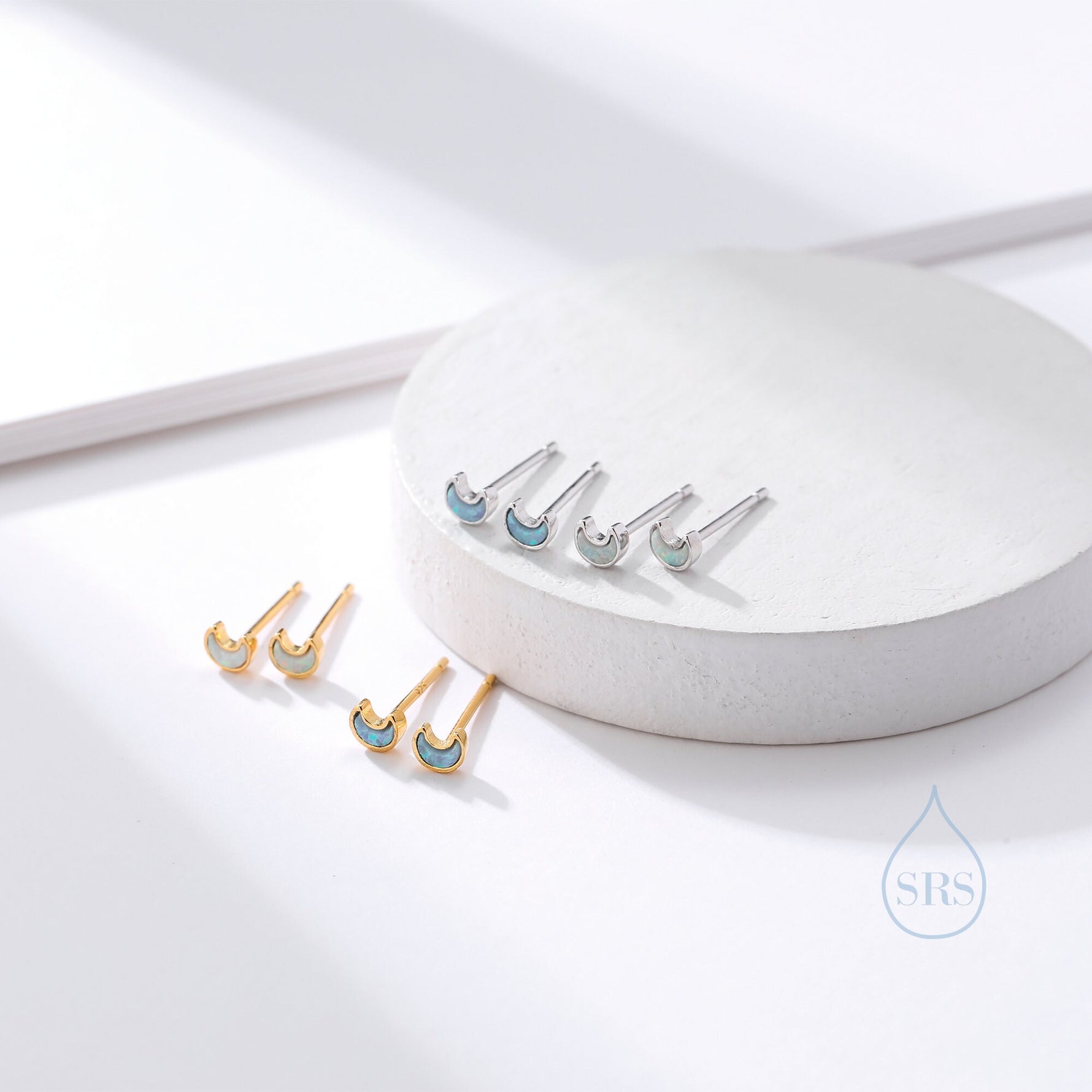 Extra Tiny Opal Moon Stud Earrings in Sterling Silver - Blue Opal or White Opal - Gold or Silver - New Moon Earrings - Petite Stud Earrings