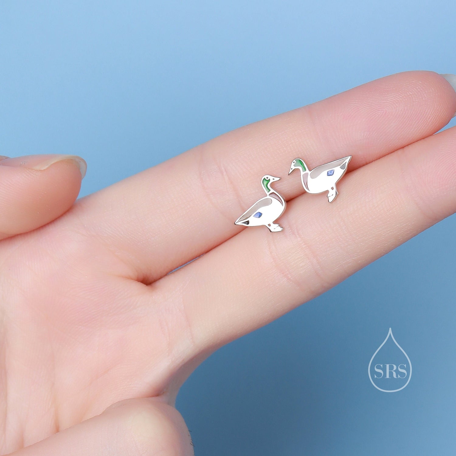 Enamel Mallard Duck Stud Earrings in Sterling Silver, Bird Earrings, Cute Duck Earrings